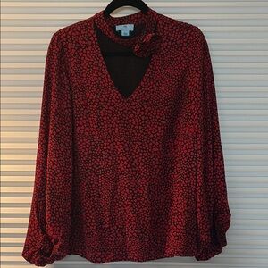 CeCe Red and Black Long Sleeve Cut Out Blouse